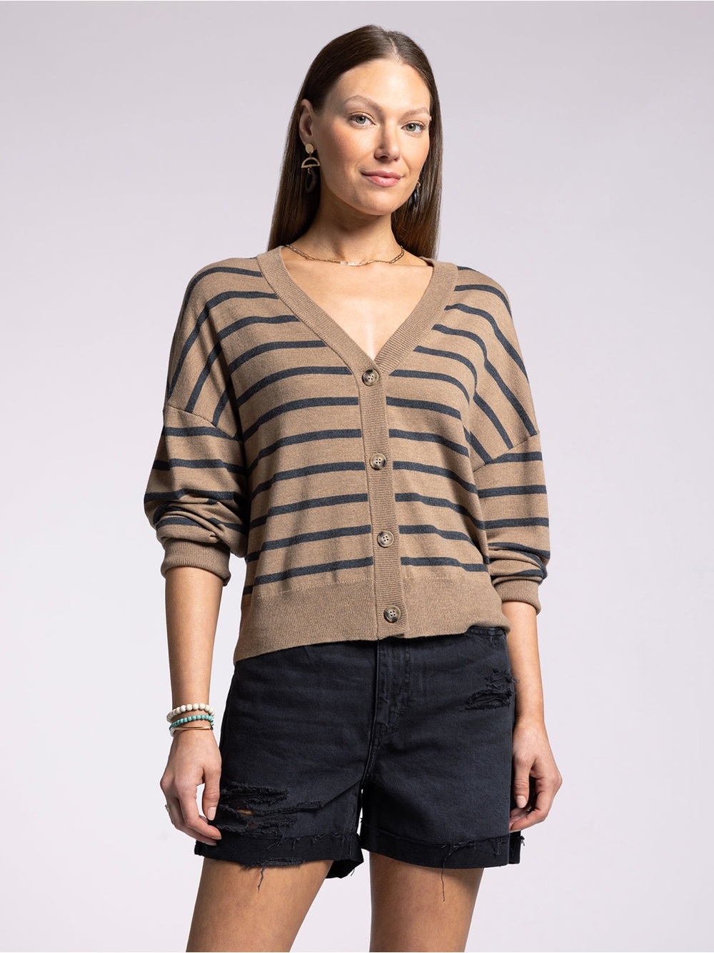 Women’s Brown Neutral Striped Button-Up Cardigan Cashmere Blend Size L